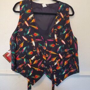 Saddle River Mens Fishing Lure Print Vest Black Cotton Waistcoat L/XL NWT